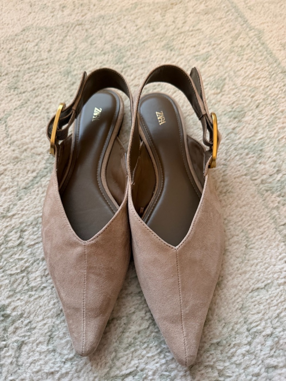 Zara Taupe Suede Pointed Slingback Mules with Gold Buckle - Picture 2 of 4